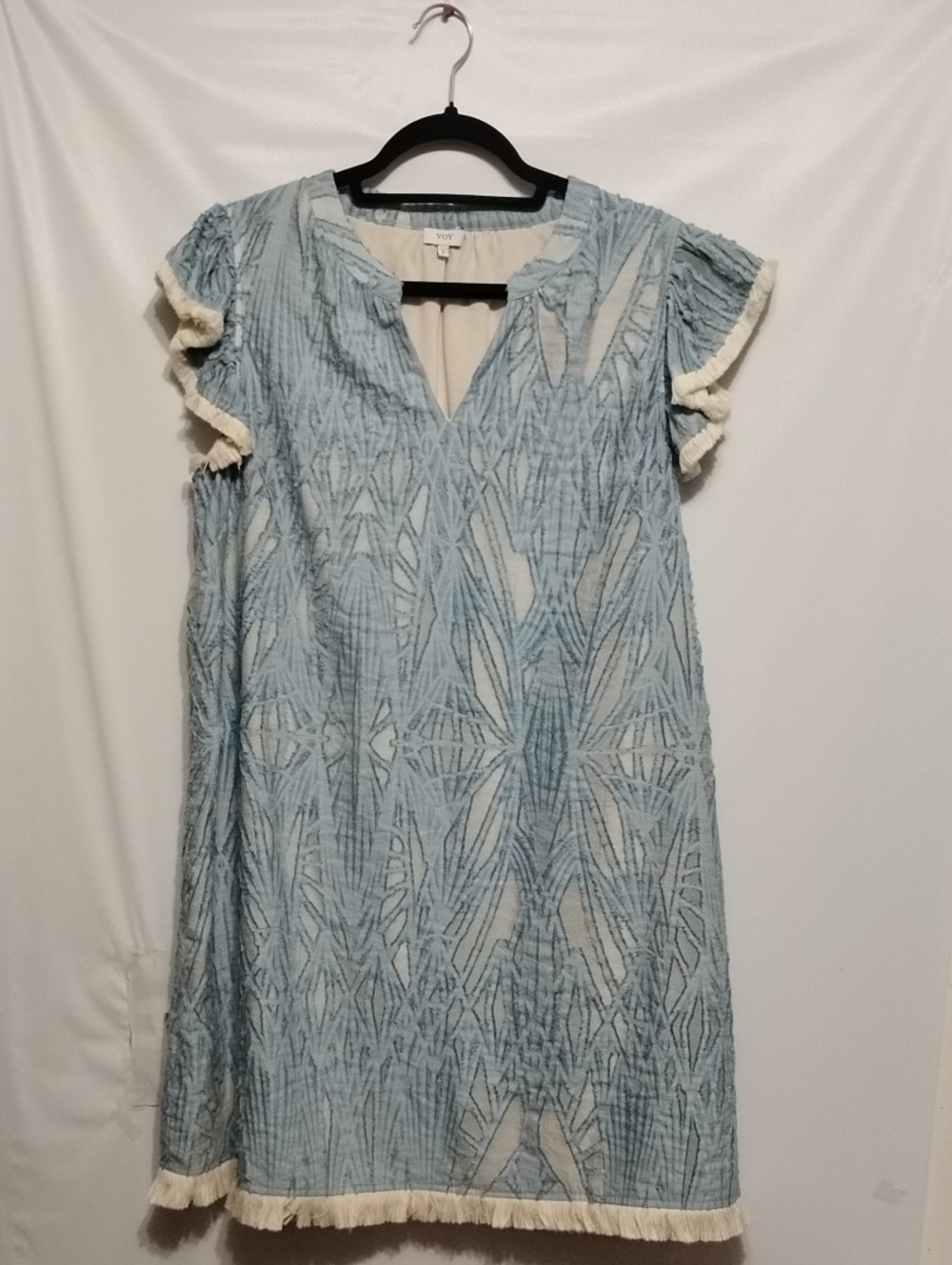 VOY Light Blue Embroidered Burn Out Textured Shift Flutter with Fringe Trim
